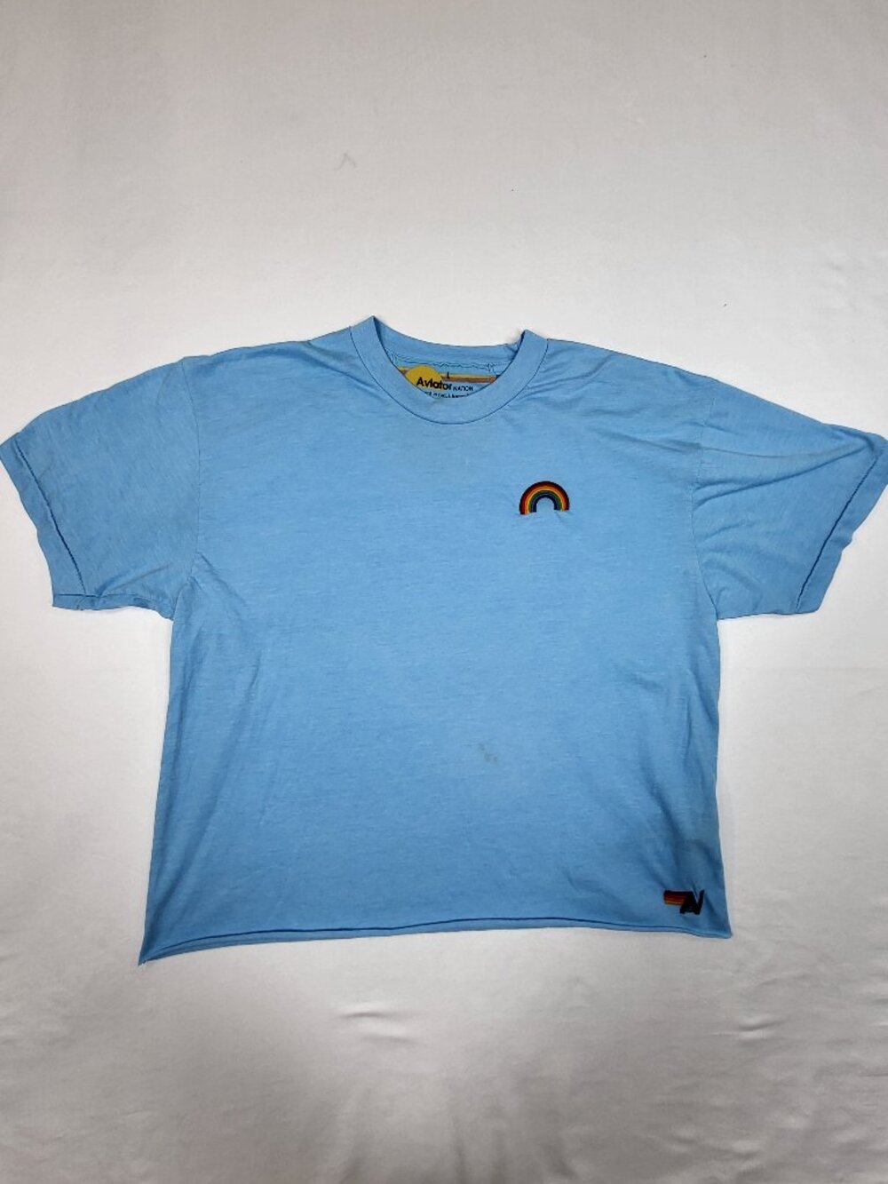 Aviator Nation Light Blue Rainbow Embroidered Raw Hem T-Shirt Sz L USA READ